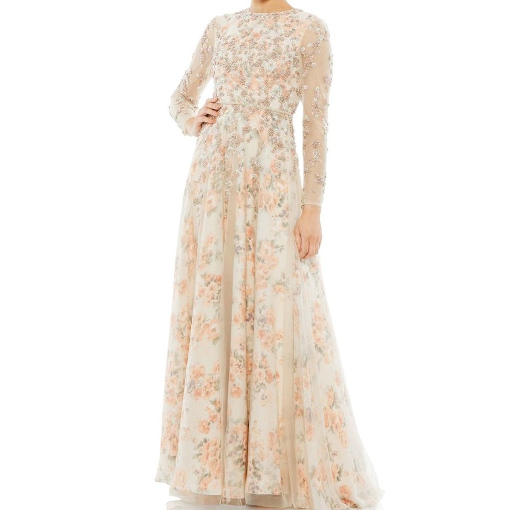 NWOT MAC DUGGAL FLORAL EMBELLISHED LONG GOWN‎ NUDE 14 11219